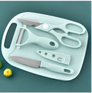 Kit Cozinha Completo 4 Peças – Faca + Tesoura + Tábua + Descascador em Aço Inox