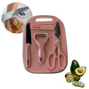 Kit Cozinha Completo 4 Peças – Faca + Tesoura + Tábua + Descascador em Aço Inox