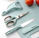 Kit Cozinha Completo 4 Peças – Faca + Tesoura + Tábua + Descascador em Aço Inox