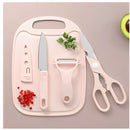 Kit Cozinha Completo 4 Peças – Faca + Tesoura + Tábua + Descascador em Aço Inox